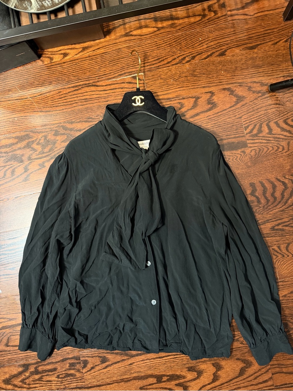Hudson North Black Bow-Tie Button black bow tie-neck blouse M